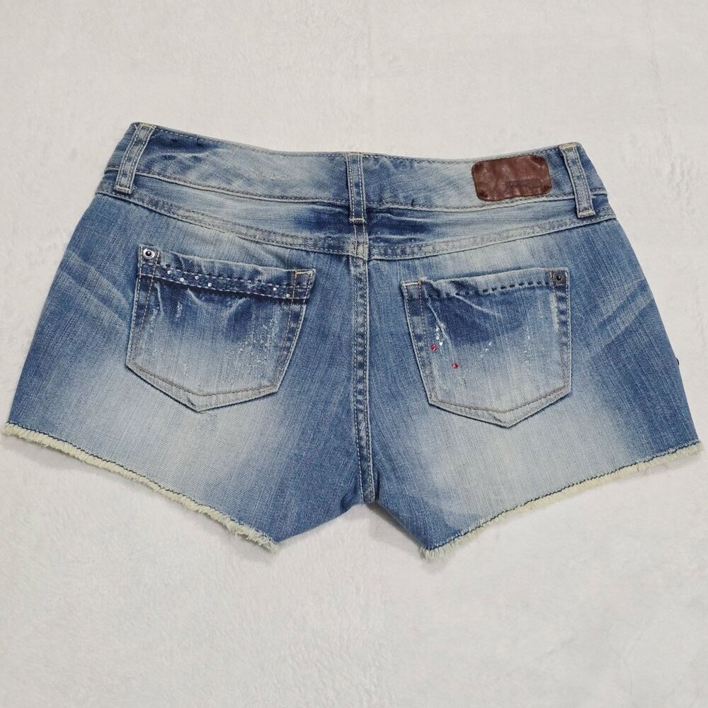 Express ✦ Corset Lace‑Up Denim Shorts ✦ Light Wash Distressed Jean Cutoffs Sz 2 - Picture 2 of 8